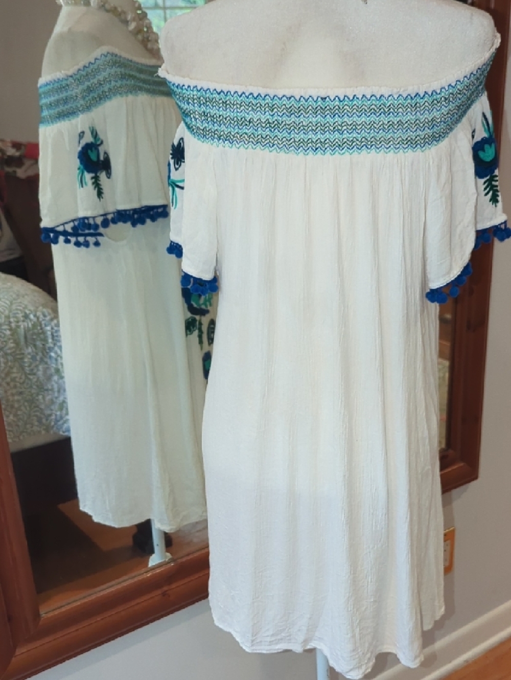 White Off-Shoulder Midi Dress with Blue & Green Embroidery - Picture 5 of 10